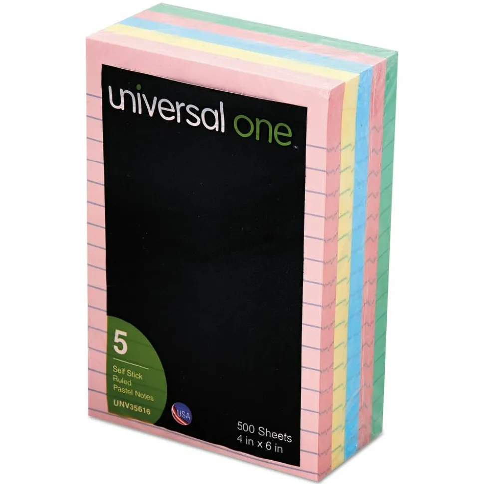 Universal Lined Self-Stick Notes, 4 in x 6 in, Assorted Colors, 100 Sheets Per Pad, Pack Of 5 Pads
