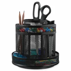 Universal Metal Mesh Rotating Desktop Organizer, 8 Compartments, Metal Mesh, 6.5" Diameter x 6.13"h, Black