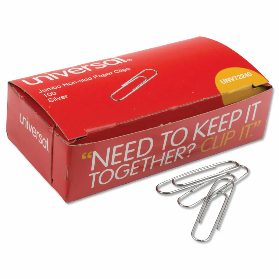 Universal Paper Clips, Jumbo, Nonskid, Silver, 100 Clips/Box, 10 Boxes/Pack