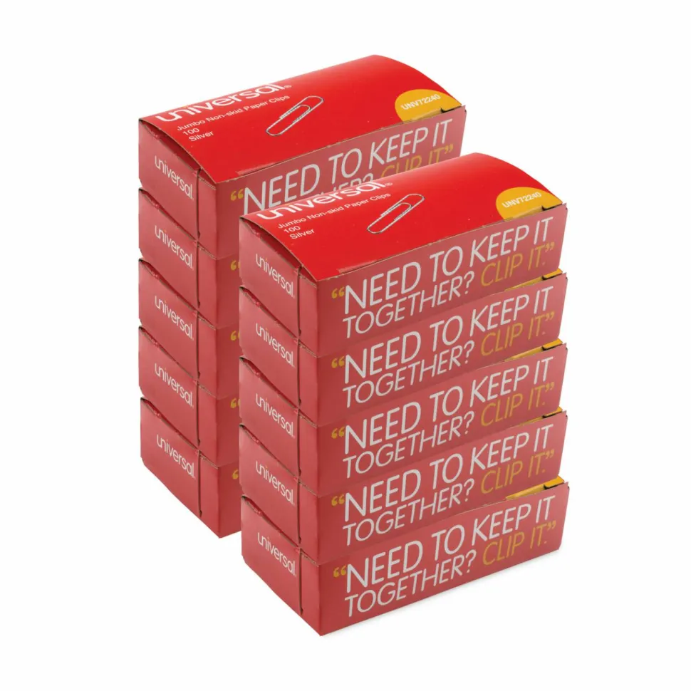 Universal Paper Clips, Jumbo, Nonskid, Silver, 100 Clips/Box, 10 Boxes/Pack