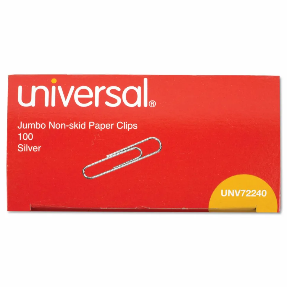 Universal Paper Clips, Jumbo, Nonskid, Silver, 100 Clips/Box, 10 Boxes/Pack
