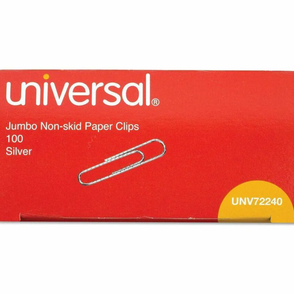 Universal Paper Clips, Jumbo, Nonskid, Silver, 100 Clips/Box, 10 Boxes/Pack