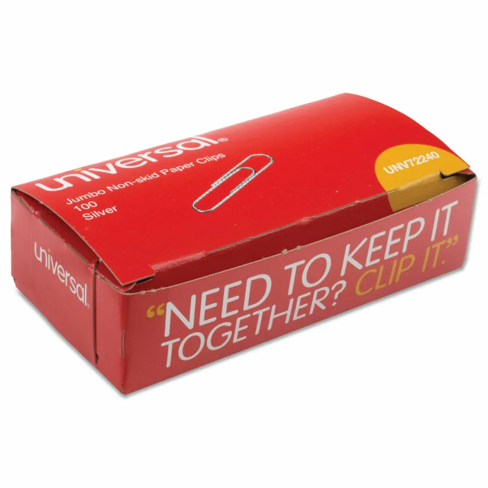 Universal Paper Clips, Jumbo, Nonskid, Silver, 100 Clips/Box, 10 Boxes/Pack