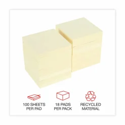 Universal Recycled Self-Stick Note Pads, 3" x 3", Yellow, 100 Sheets/Pad, 18 Pads/Pack