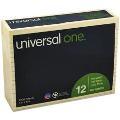 Universal Recycled Self-Stick Note Pads, Note Ruled, 4" x 6", Yellow, 100 Sheets/Pad, 12 Pads/Pack