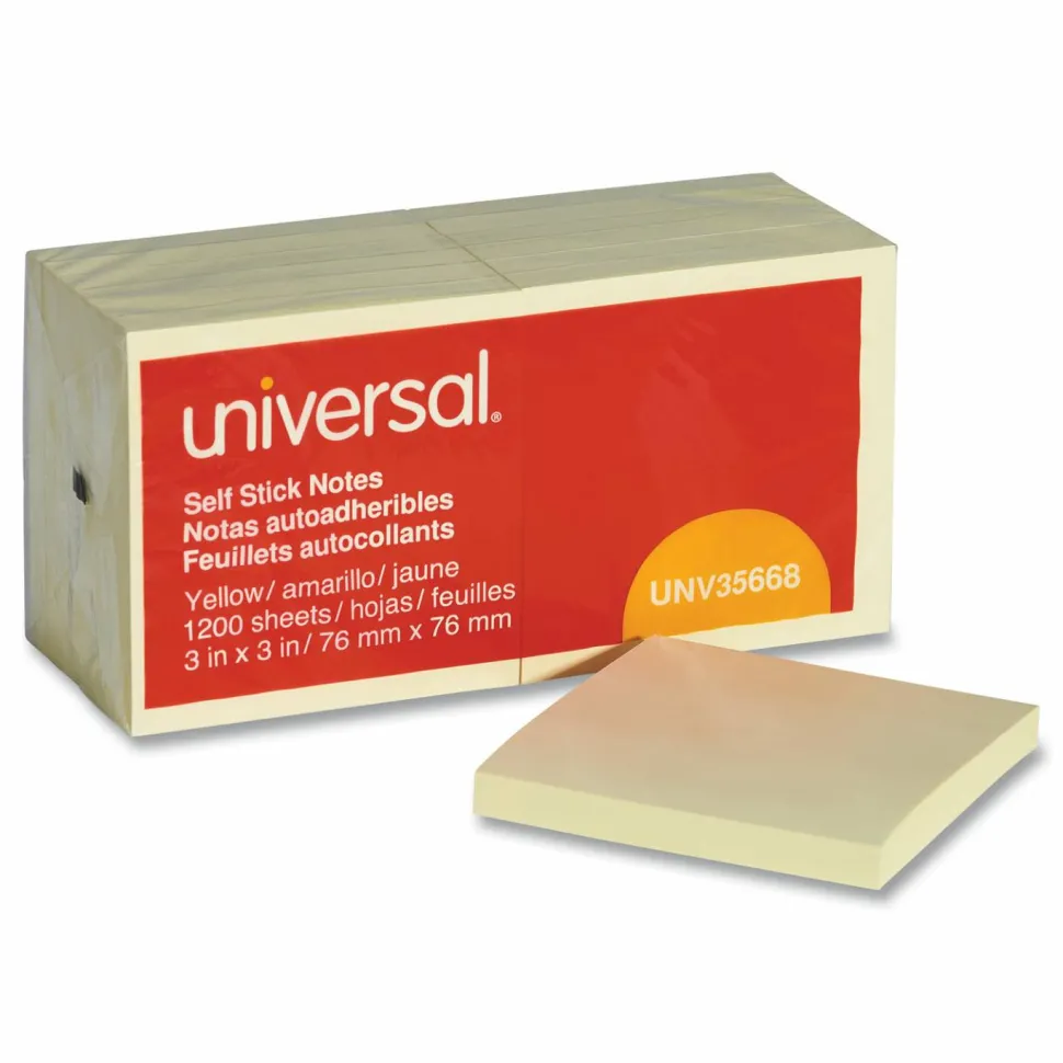 Universal Self-Stick Note Pads, 3" x 3", Yellow, 100 Sheets/Pad, 12 Pads/Pack