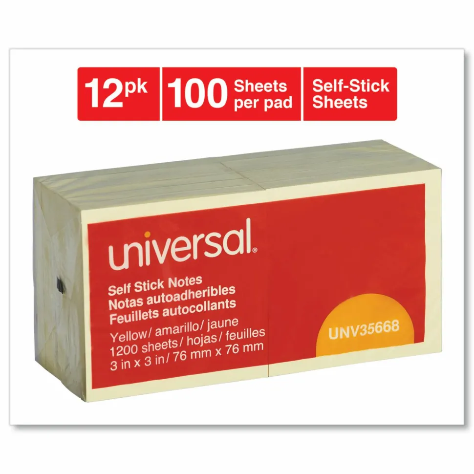 Universal Self-Stick Note Pads, 3" x 3", Yellow, 100 Sheets/Pad, 12 Pads/Pack