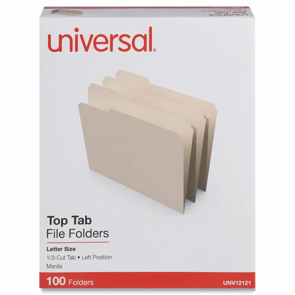Universal Top Tab File Folders, 1/3-Cut Tabs: Left Position, Letter Size, 0.75" Expansion, Manila, 100/Box