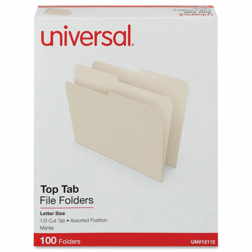 Universal Top Tab File Folders, 1/2-Cut Tabs: Assorted, Letter Size, 0.75" Expansion, Manila, 100/Box