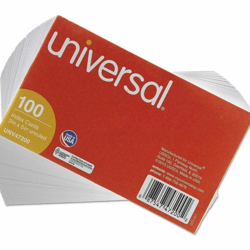 Universal Unruled Index Cards, 3 x 5, White, 100/Pack