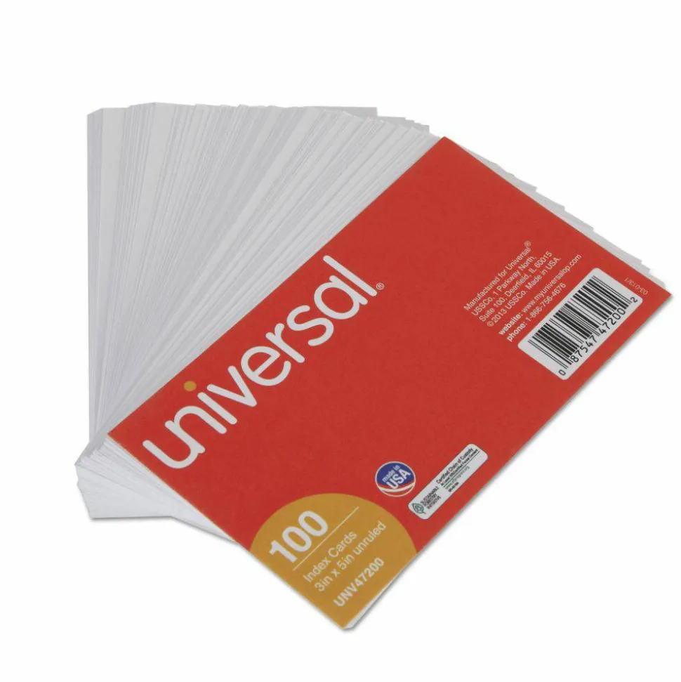 Universal Unruled Index Cards, 3 x 5, White, 100/Pack