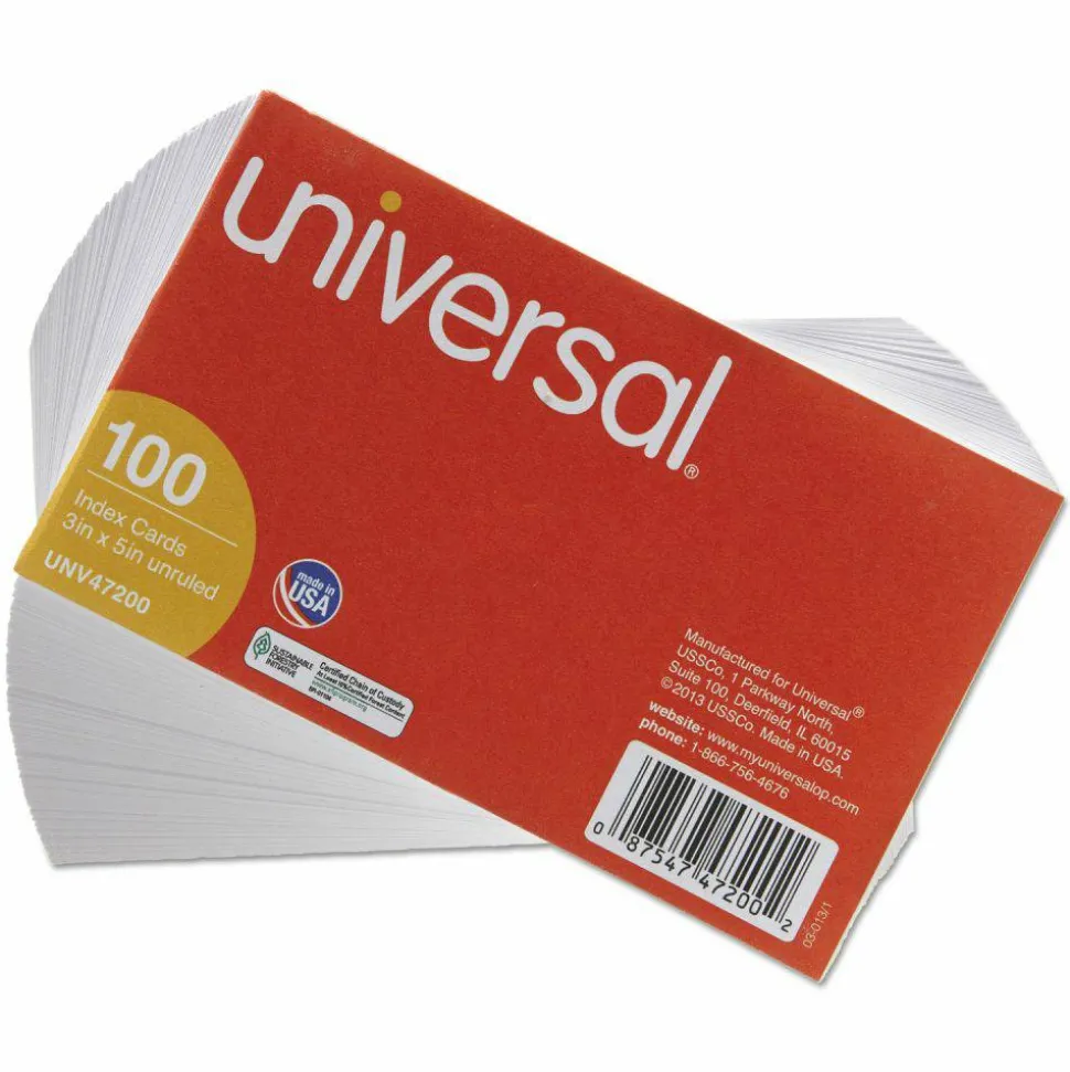 Universal Unruled Index Cards, 3 x 5, White, 100/Pack
