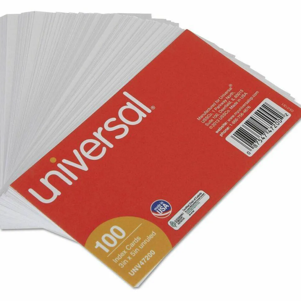 Universal Unruled Index Cards, 3 x 5, White, 100/Pack