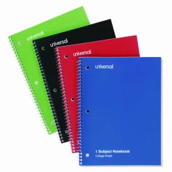 Universal Wirebound Notebook, 1-Subject, Medium/College Rule, Assorted Cover Colors, (70) 10.5 x 8 Sheets, 4/Pack