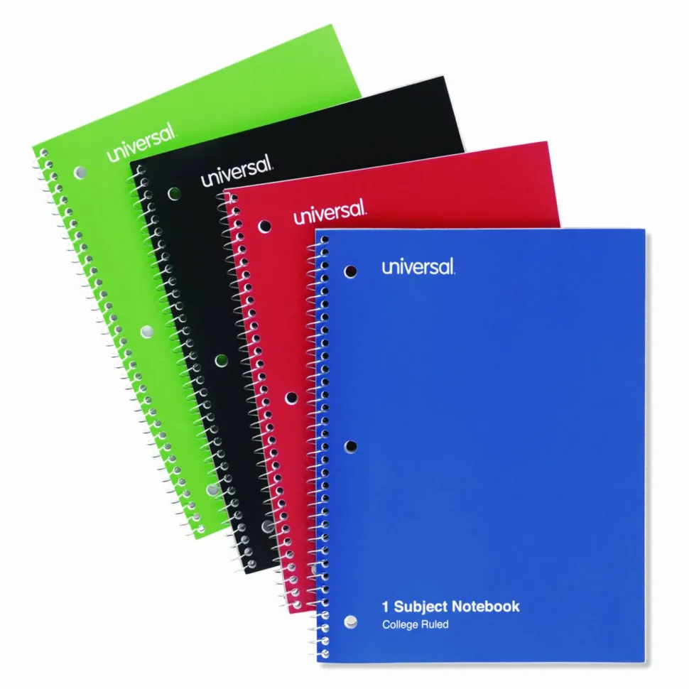 Universal Wirebound Notebook, 1-Subject, Medium/College Rule, Assorted Cover Colors, (70) 10.5 x 8 Sheets, 4/Pack