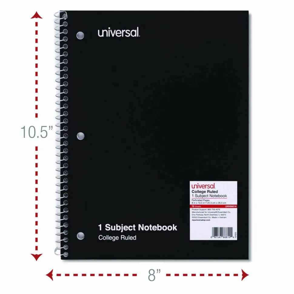 Universal Wirebound Notebook, 1-Subject, Medium/College Rule, Assorted Cover Colors, (70) 10.5 x 8 Sheets, 4/Pack