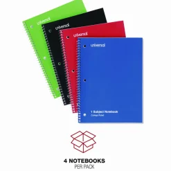 Universal Wirebound Notebook, 1-Subject, Medium/College Rule, Assorted Cover Colors, (70) 10.5 x 8 Sheets, 4/Pack