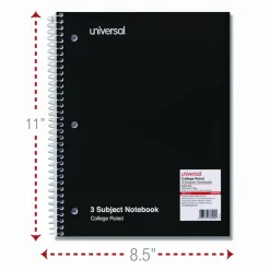 Universal Wirebound Notebook, 3-Subject, Medium/College Rule, Black Cover, (120) 11 x 8.5 Sheets