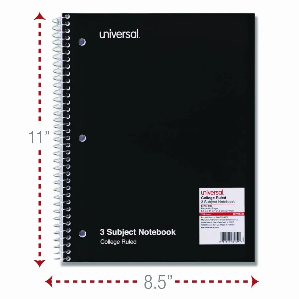 Universal Wirebound Notebook, 3-Subject, Medium/College Rule, Black Cover, (120) 11 x 8.5 Sheets