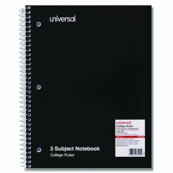 Universal Wirebound Notebook, 3-Subject, Medium/College Rule, Black Cover, (120) 11 x 8.5 Sheets