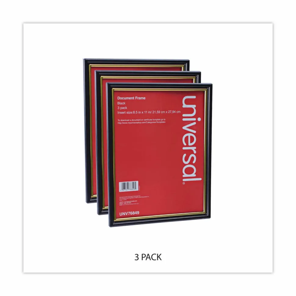 Universal All Purpose Document Frame, 8.5 x 11 Insert, Black/Gold, 3/Pack