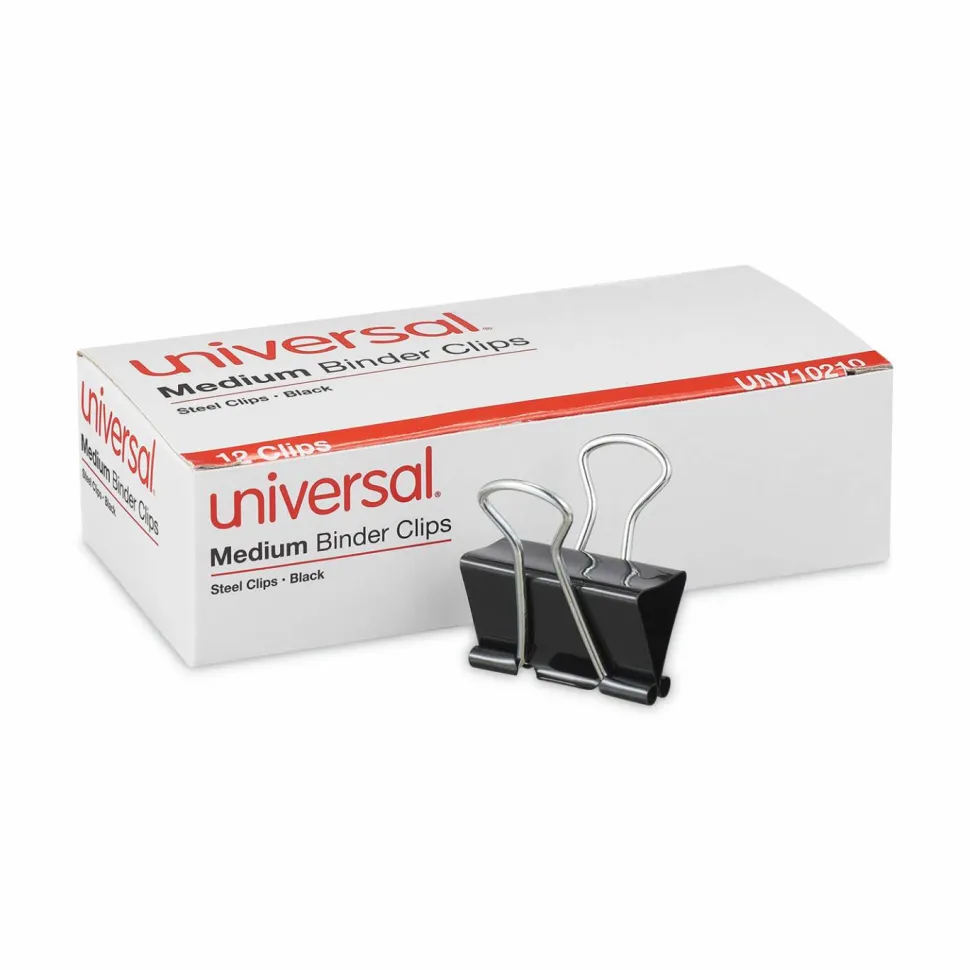 Universal Binder Clips, Medium, Black/Silver, 12/Box