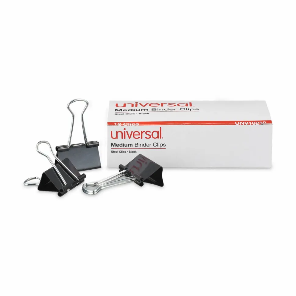Universal Binder Clips, Medium, Black/Silver, 12/Box