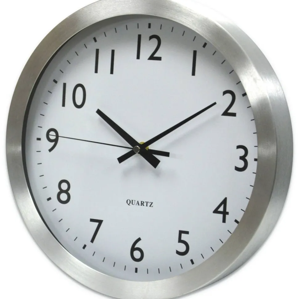 Universal Brushed Aluminum Wall Clock, 12" Overall Diameter, Silver Case, 1 AA (sold separately)