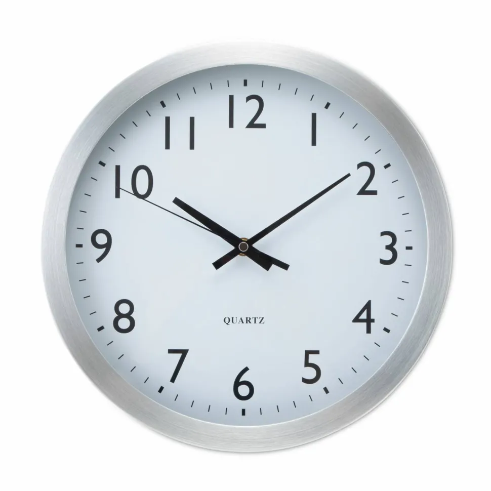 Universal Brushed Aluminum Wall Clock, 12" Overall Diameter, Silver Case, 1 AA (sold separately)