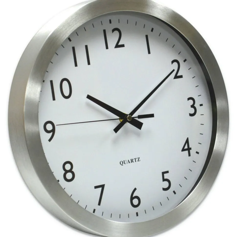 Universal Brushed Aluminum Wall Clock, 12" Overall Diameter, Silver Case, 1 AA (sold separately)