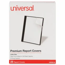 Universal Clear Front Report Cover with Fasteners, Three-Prong Fastener, 0.5" Capacity, 8.5 x 11, Clear/Black, 25/Box