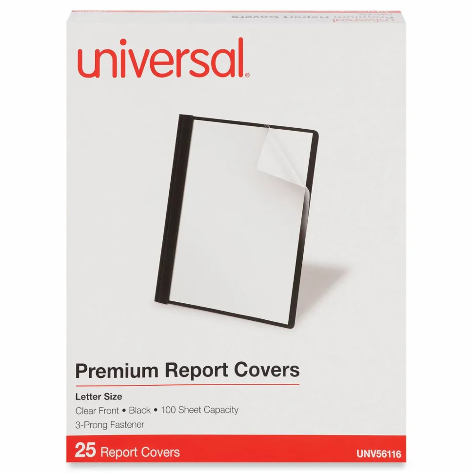 Universal Clear Front Report Cover with Fasteners, Three-Prong Fastener, 0.5" Capacity, 8.5 x 11, Clear/Black, 25/Box