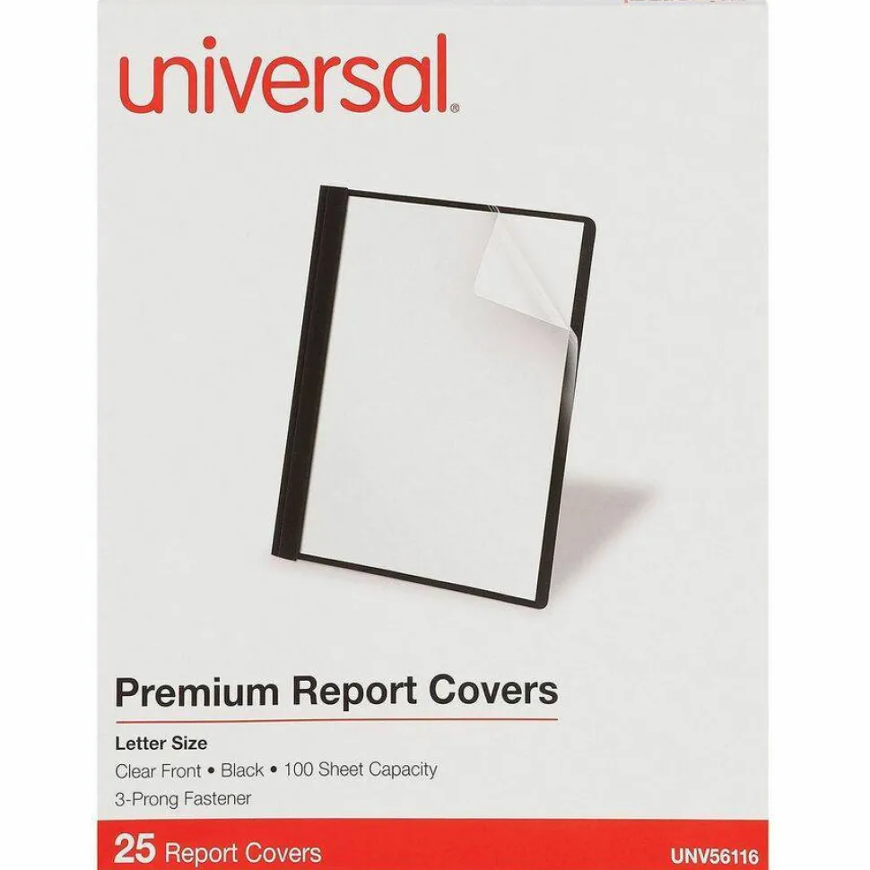 Universal Clear Front Report Cover with Fasteners, Three-Prong Fastener, 0.5" Capacity, 8.5 x 11, Clear/Black, 25/Box