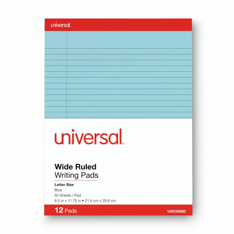 Universal Colored Perforated Ruled Writing Pads, Wide/Legal Rule, (50) Blue 8.5 x 11 Sheets, Dozen
