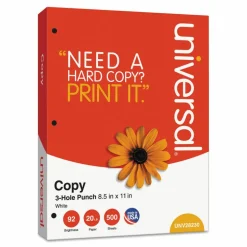 Universal Copy Paper, 92 Bright, 3-Hole, 20 lb Bond Weight, 8.5 x 11, White, 500 Sheets/Ream, 10 Reams/Carton