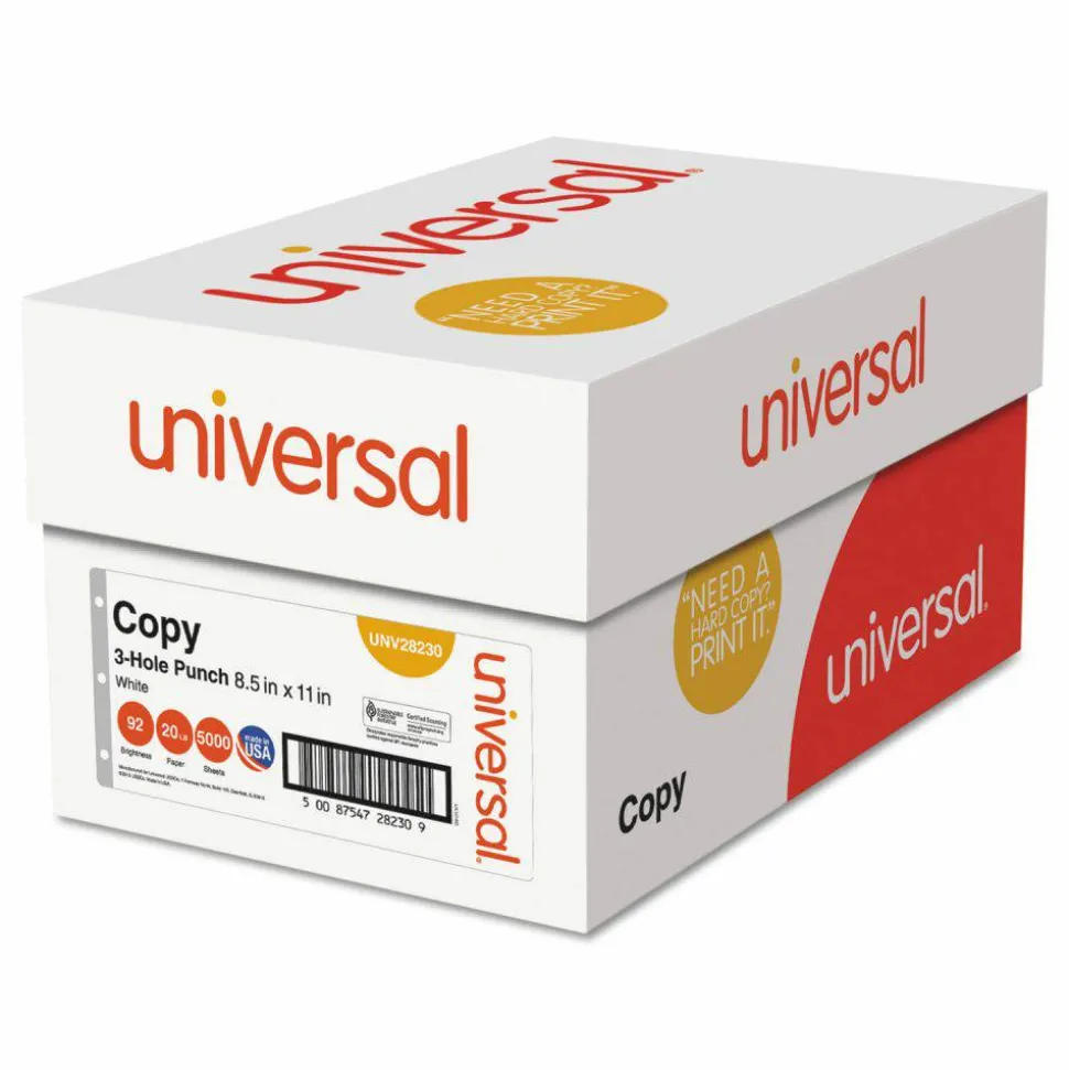 Universal Copy Paper, 92 Bright, 3-Hole, 20 lb Bond Weight, 8.5 x 11, White, 500 Sheets/Ream, 10 Reams/Carton