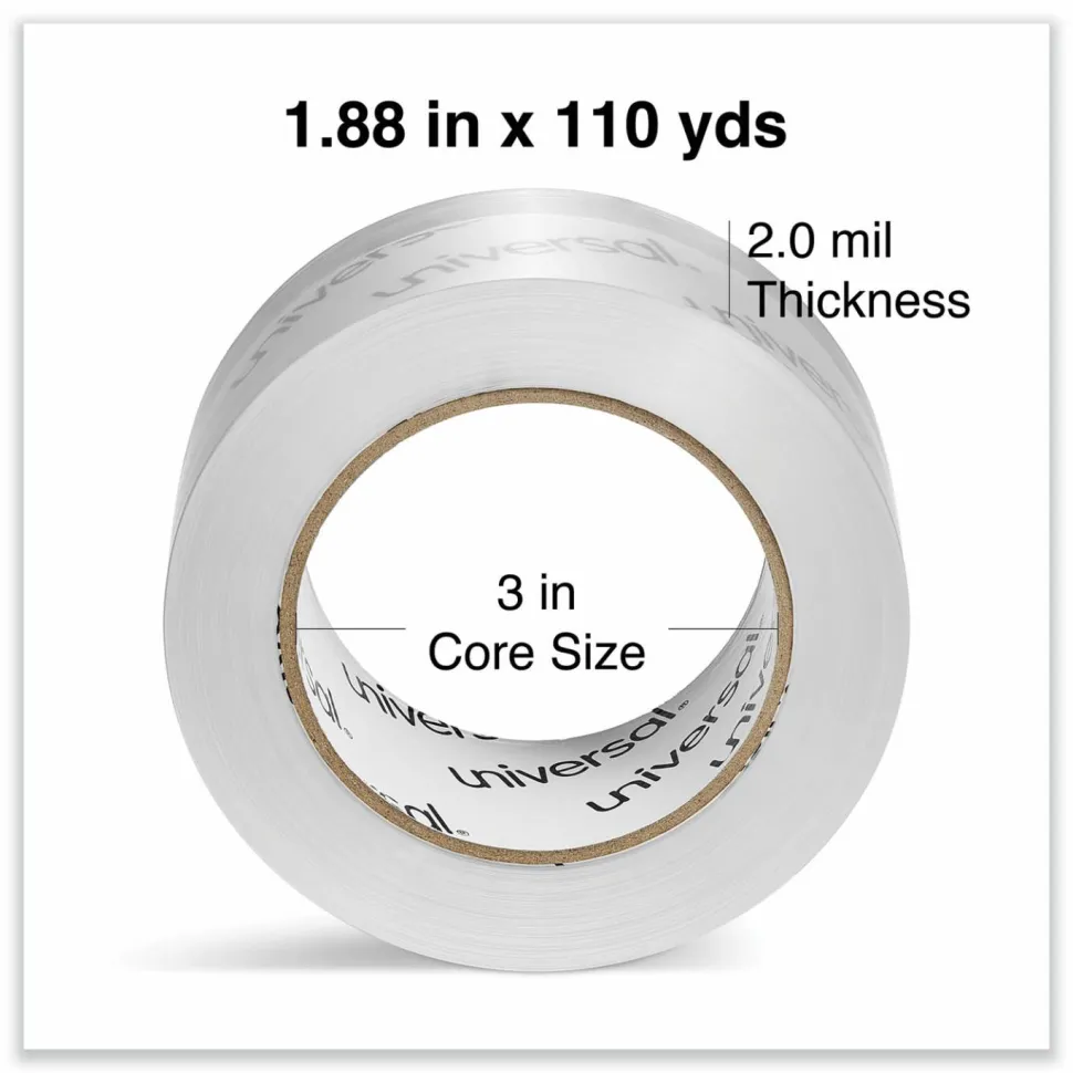 Universal Deluxe General-Purpose Acrylic Box Sealing Tape, 2 mil, 3" Core, 1.88" x 109 yds, Clear, 6/Pack