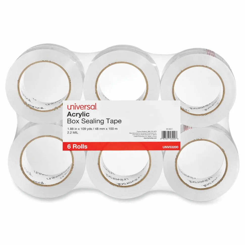Universal Deluxe General-Purpose Acrylic Box Sealing Tape, 2 mil, 3" Core, 1.88" x 109 yds, Clear, 6/Pack