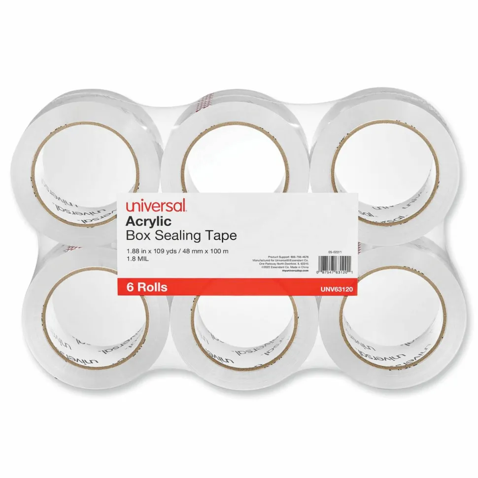 Universal Deluxe General-Purpose Acrylic Box Sealing Tape, 1.7 mil, 3" Core, 1.88" x 109 yds, Clear, 6/Pack