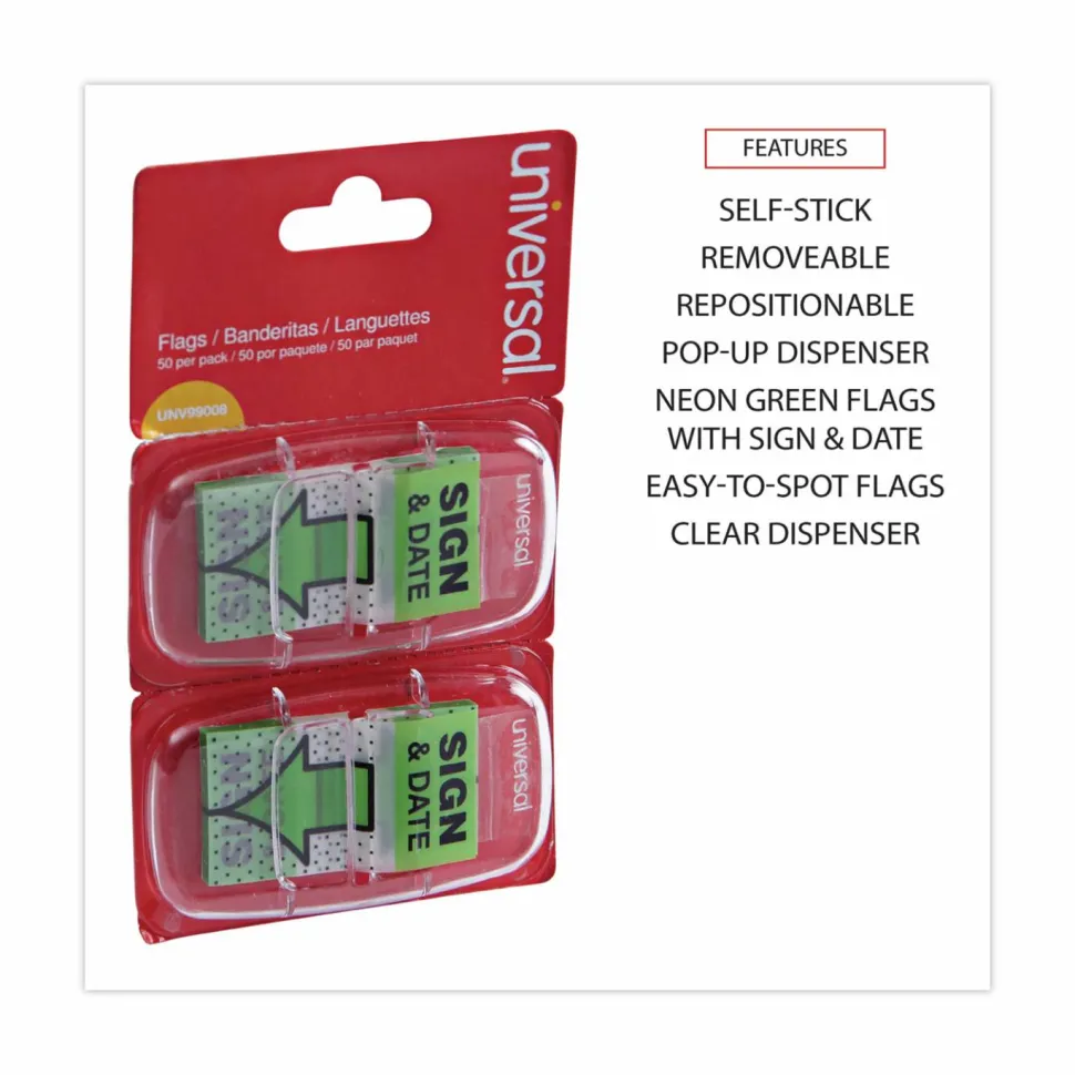 Universal Deluxe Message Arrow Flags, "Sign and Date", Green, 100/Pack