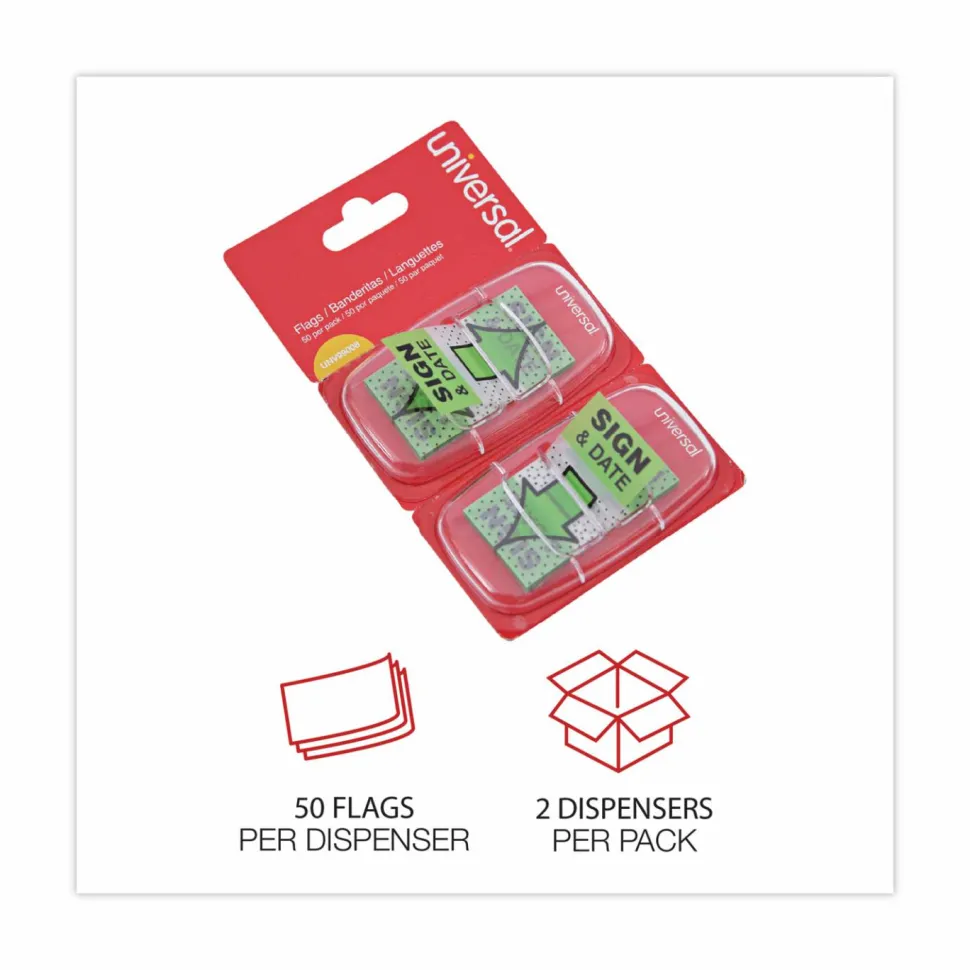 Universal Deluxe Message Arrow Flags, "Sign and Date", Green, 100/Pack