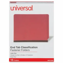 Universal Deluxe Pressboard End Tab Classification Folders, Expands 2", 2 Dividers, 6 Fasteners, Letter Size, Bright Red, 10/Box