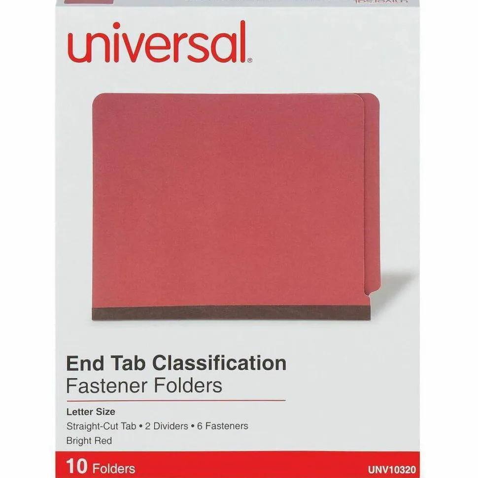 Universal Deluxe Pressboard End Tab Classification Folders, Expands 2", 2 Dividers, 6 Fasteners, Letter Size, Bright Red, 10/Box