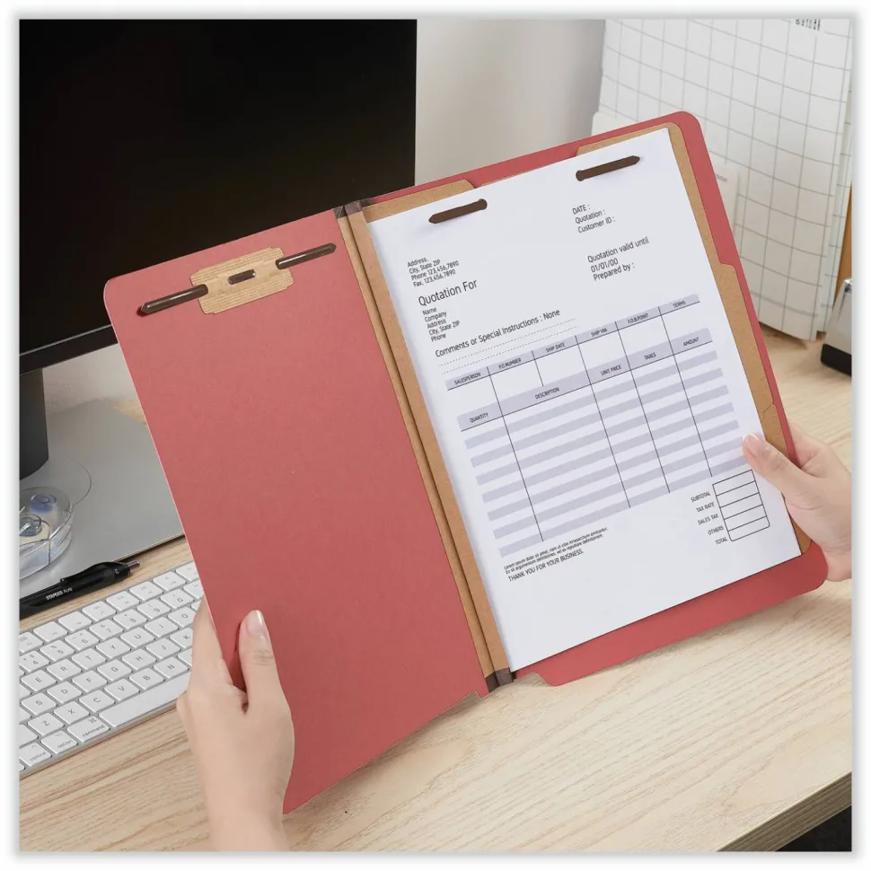 Universal Deluxe Pressboard End Tab Classification Folders, Expands 2", 2 Dividers, 6 Fasteners, Letter Size, Bright Red, 10/Box
