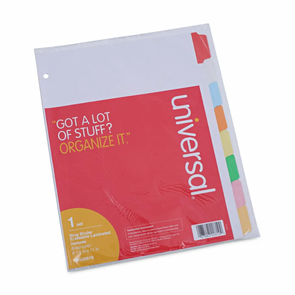 Universal Deluxe Write-On/Erasable Tab Index, 8-Tab, 11 x 8.5, White, Assorted Tabs, 1 Set