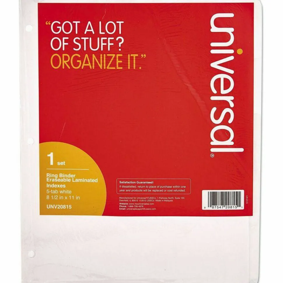 Universal Deluxe Write-On/Erasable Tab Index, 5-Tab, 11 x 8.5, White, White Tabs, 1 Set