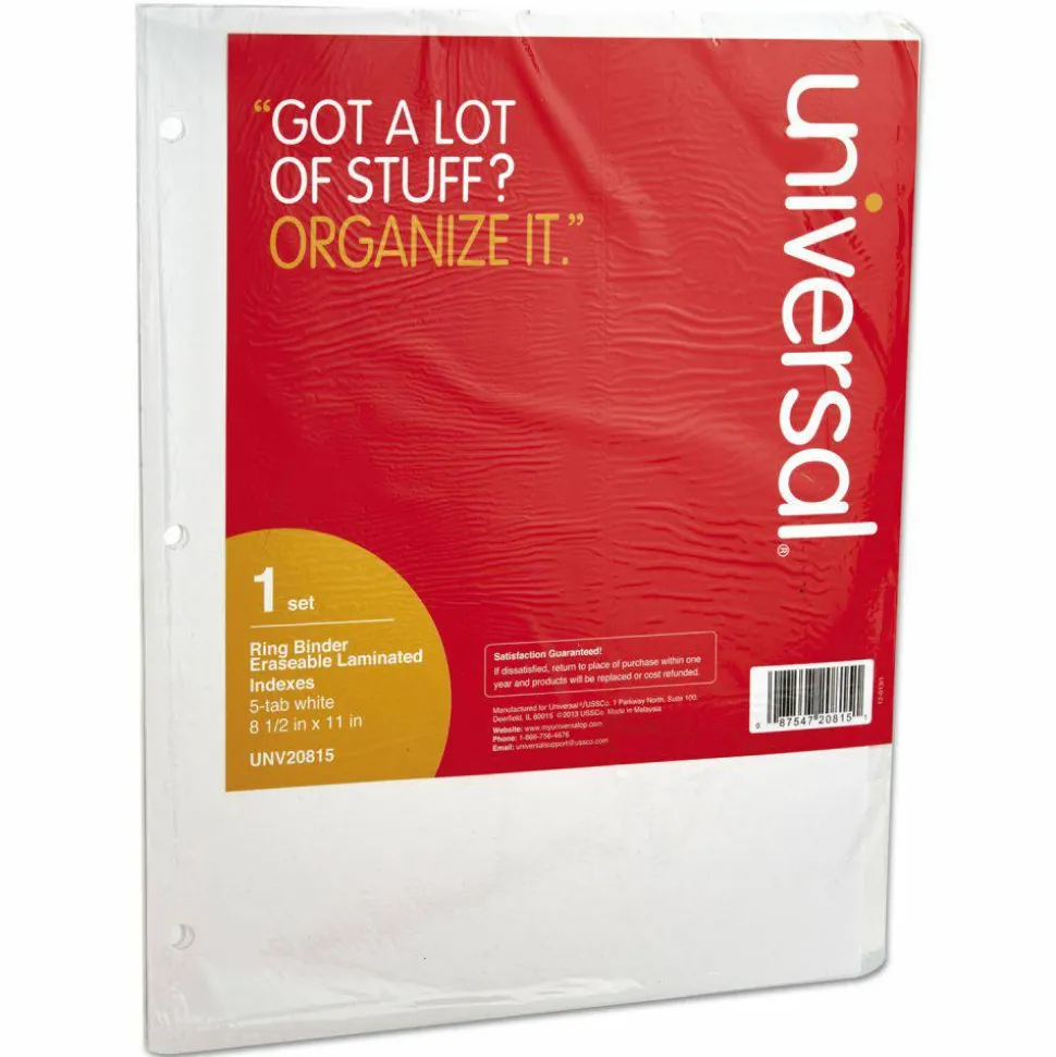 Universal Deluxe Write-On/Erasable Tab Index, 5-Tab, 11 x 8.5, White, White Tabs, 1 Set