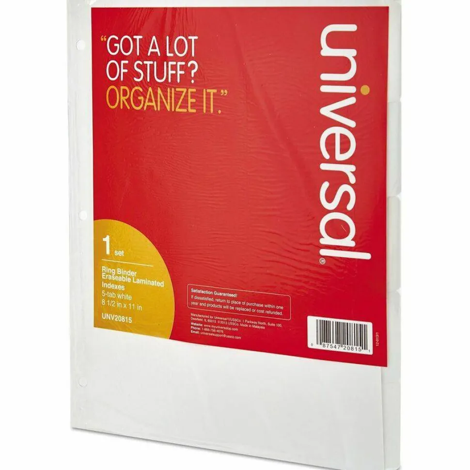 Universal Deluxe Write-On/Erasable Tab Index, 5-Tab, 11 x 8.5, White, White Tabs, 1 Set
