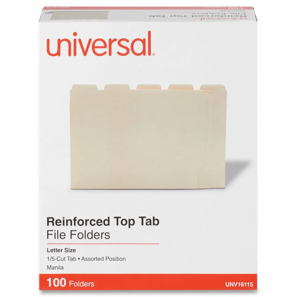Universal Double-Ply Top Tab Manila File Folders, 1/5-Cut Tabs: Assorted, Letter Size, 0.75" Expansion, Manila, 100/Box