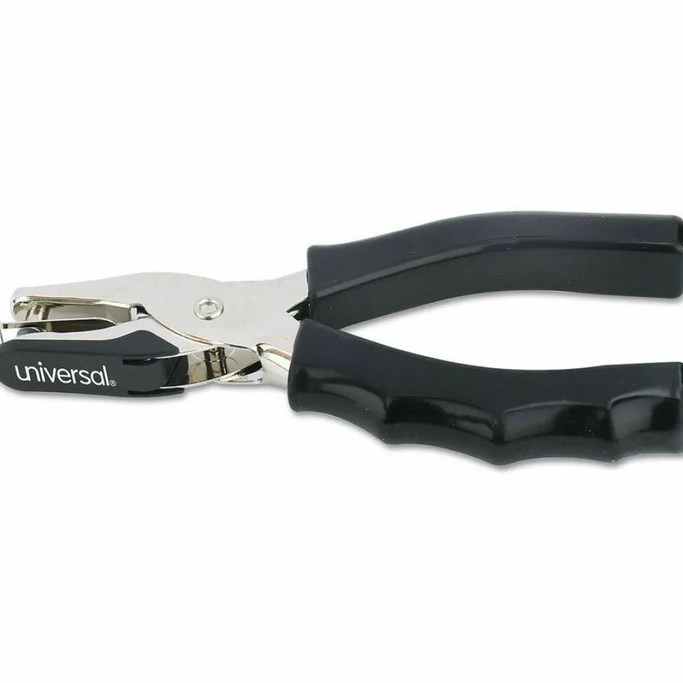 Universal Eight-Sheet Handheld One-Hole Punch, 1/4" Holes, Metal with Rubber Grip, Black